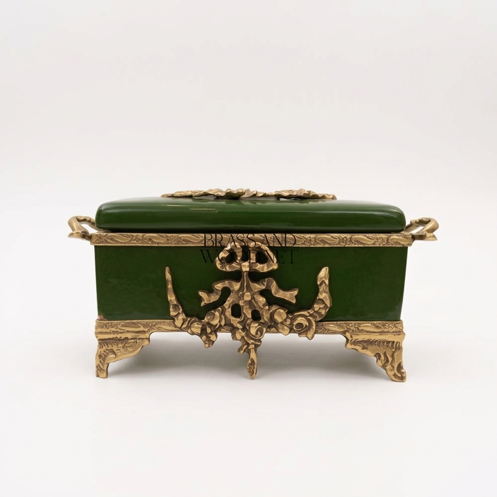 Rococo Brass & Ceramic Tissue Box Holder with Acanthus Scrollwork Frame — Antique Gold