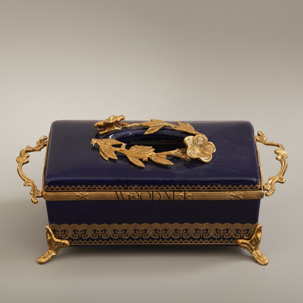 Rococo Brass & Ceramic Tissue Box - Navy Blue Floral Wreath Lid — Antique Gold