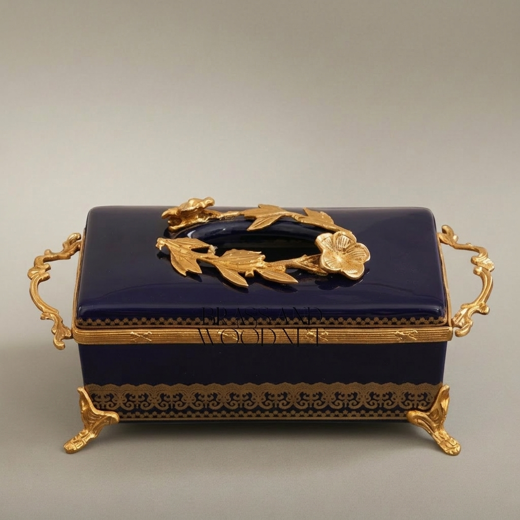 Rococo Brass & Ceramic Tissue Box - Navy Blue Floral Wreath Lid — Gold