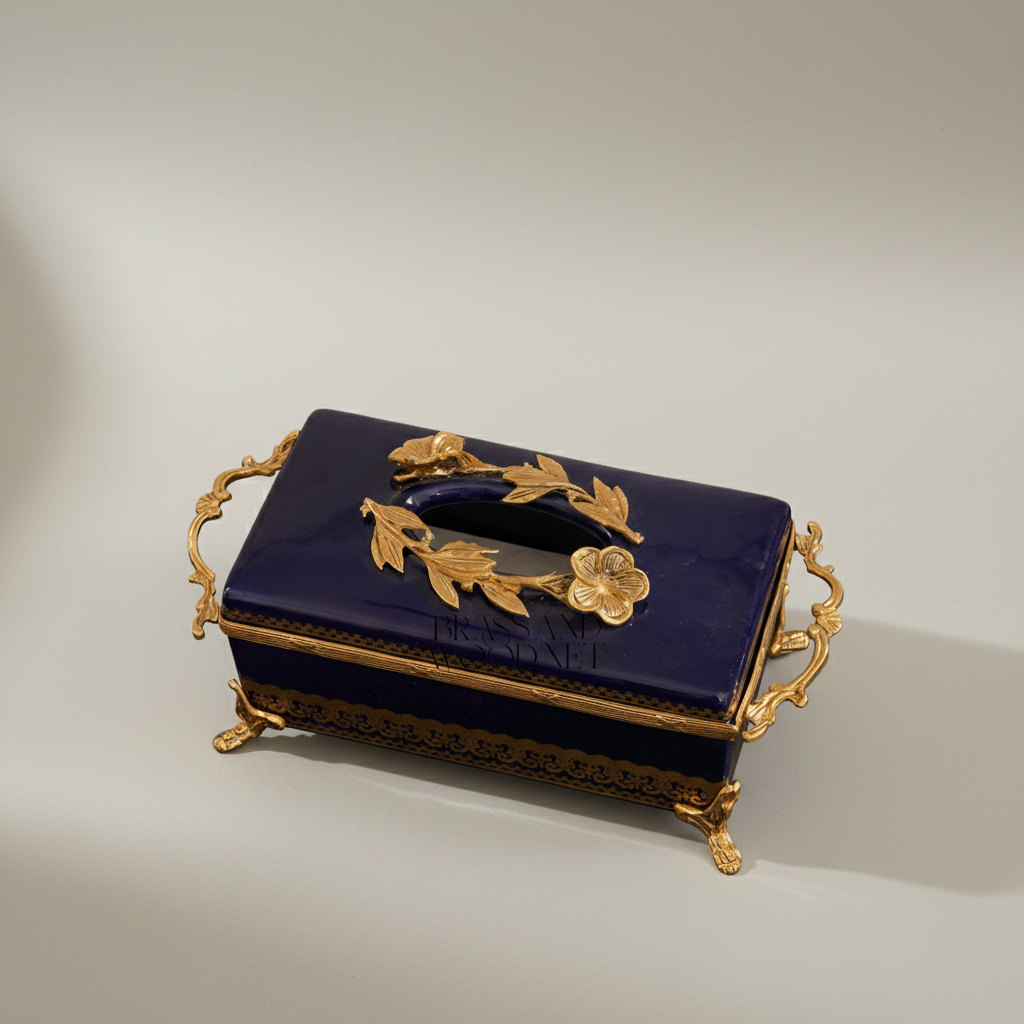 Rococo Brass & Ceramic Tissue Box - Navy Blue Floral Wreath Lid — Antique Gold