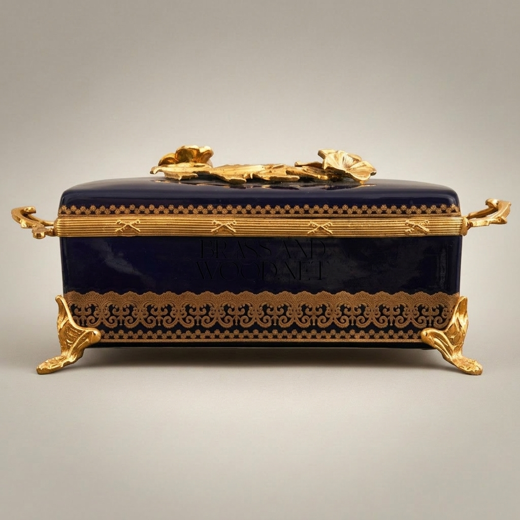 Rococo Brass & Ceramic Tissue Box - Navy Blue Floral Wreath Lid — Gold