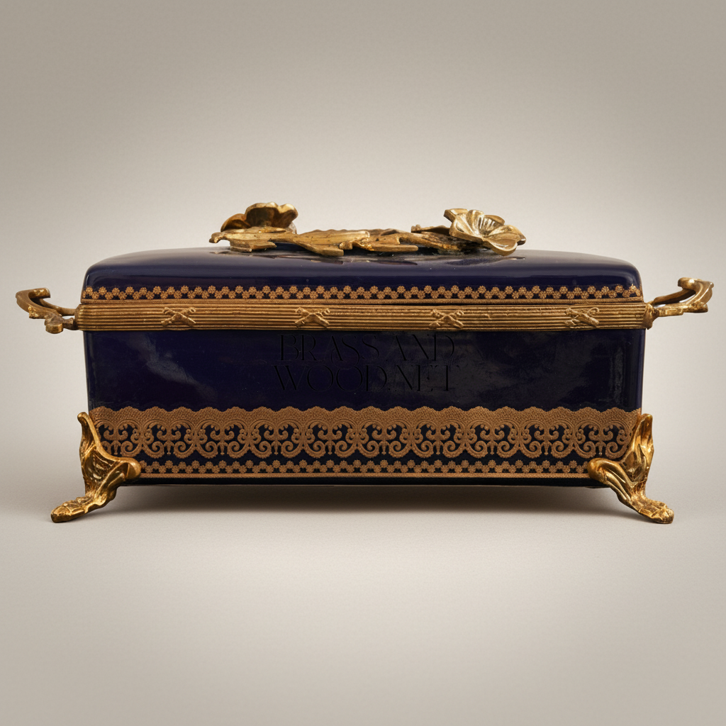 Rococo Brass & Ceramic Tissue Box - Navy Blue Floral Wreath Lid — Antique Gold