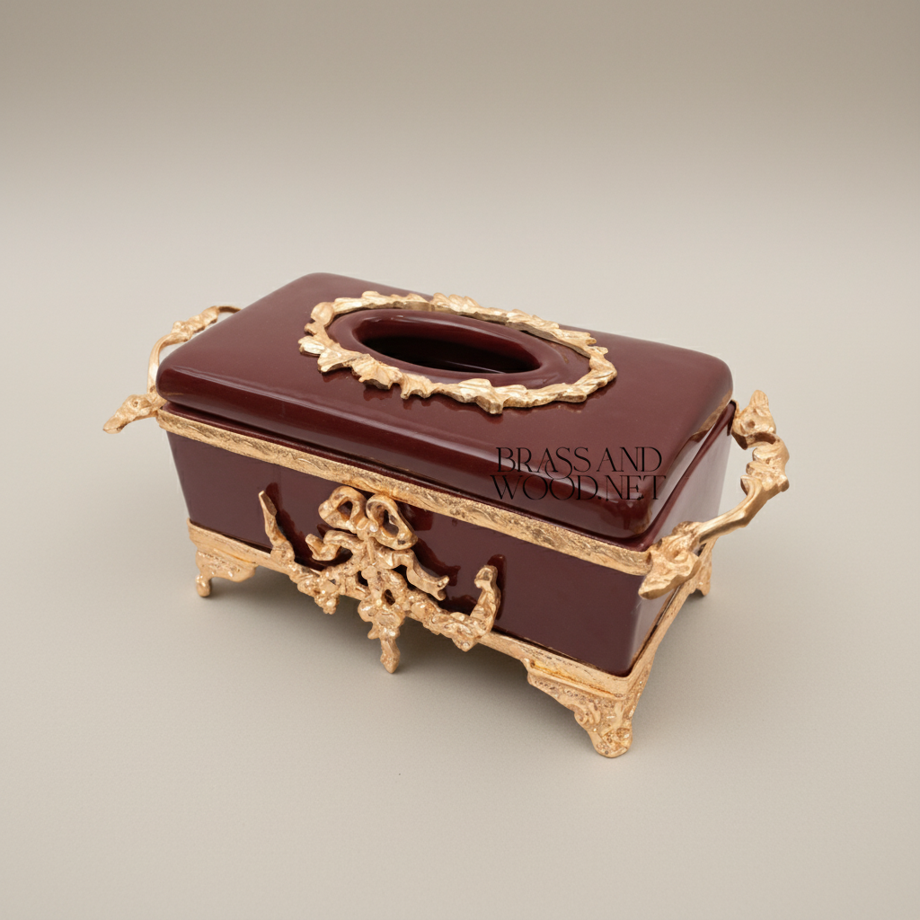 Rococo Brass & Ceramic Tissue Box - Wine Glaze with Ornate Scrollwork Frame — Gold