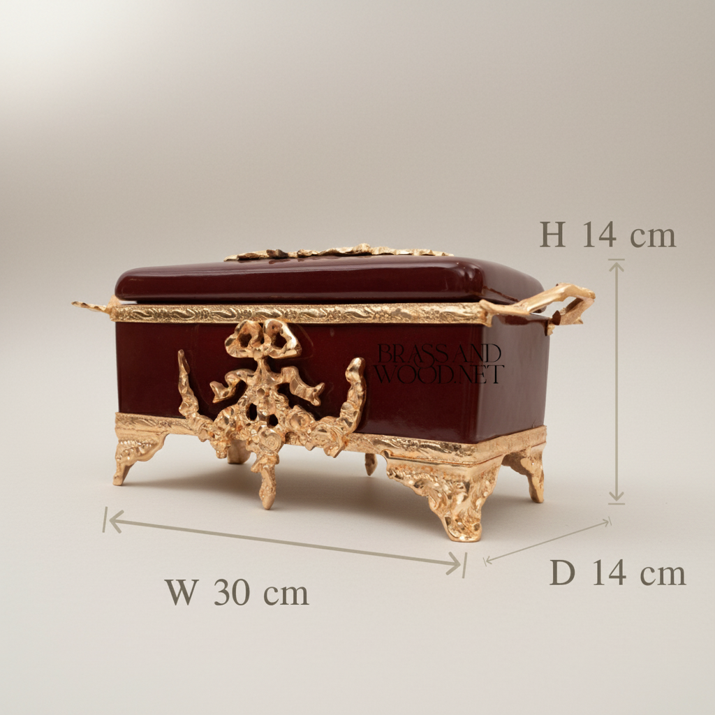 Rococo Brass & Ceramic Tissue Box - Wine Glaze with Ornate Scrollwork Frame — Gold