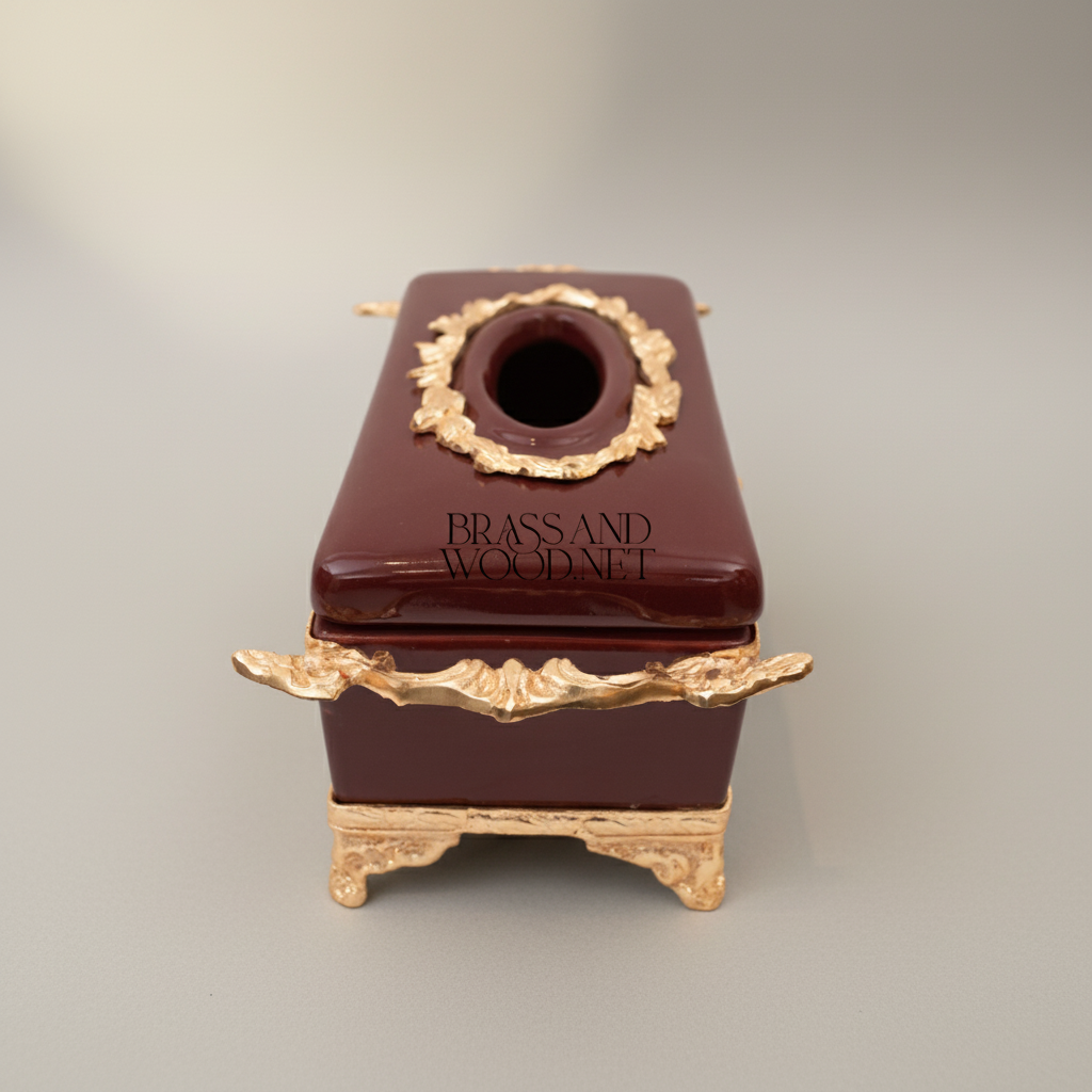 Rococo Brass & Ceramic Tissue Box - Wine Glaze with Ornate Scrollwork Frame — Gold