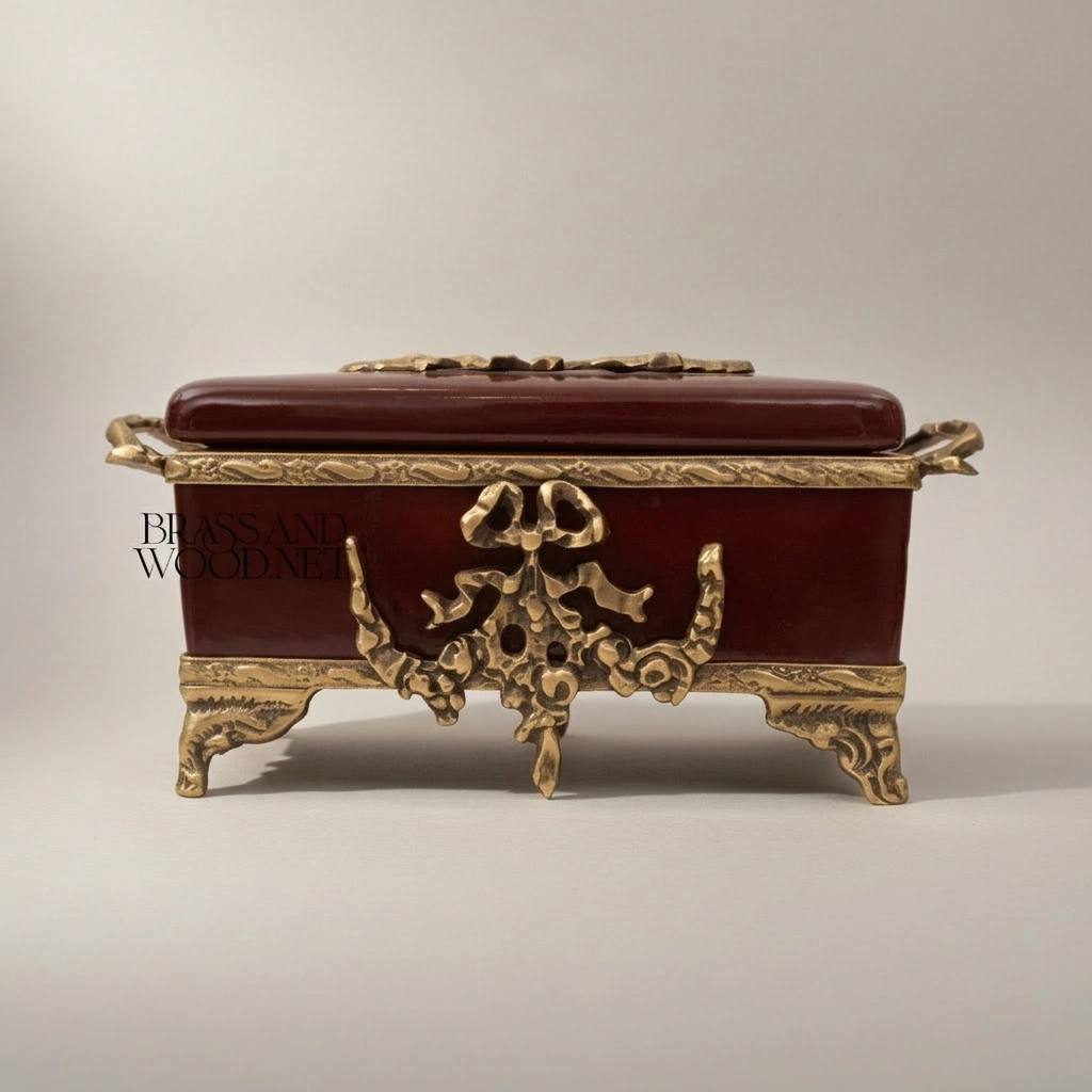 Rococo Brass & Ceramic Tissue Box - Wine Glaze with Ornate Scrollwork Frame — Antique Gold