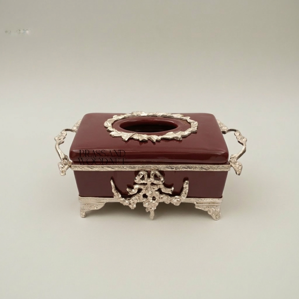 Rococo Brass & Ceramic Tissue Box - Wine Glaze with Ornate Scrollwork Frame