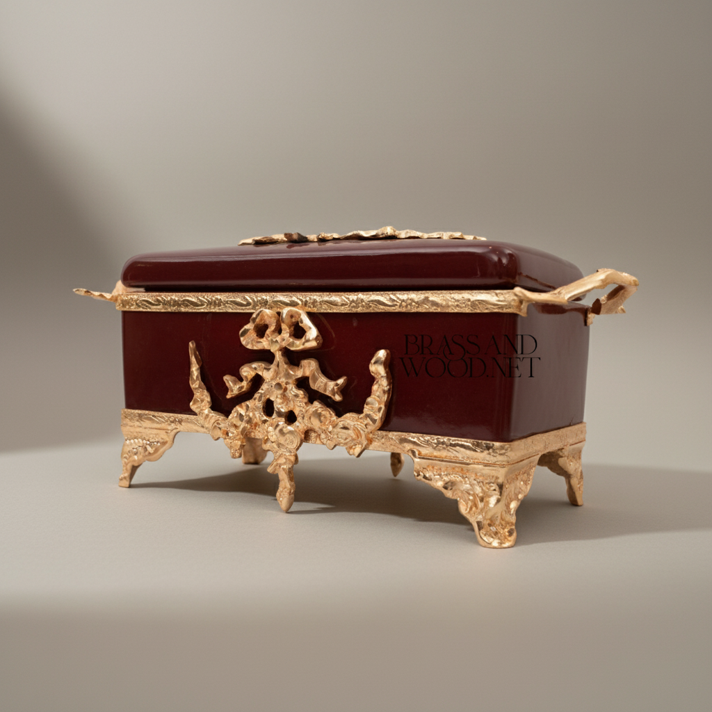 Rococo Brass & Ceramic Tissue Box - Wine Glaze with Ornate Scrollwork Frame — Gold