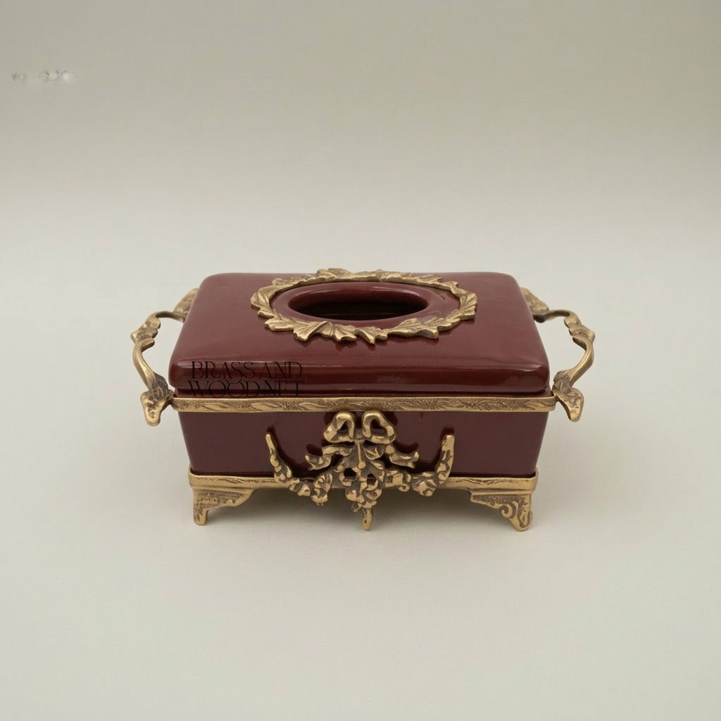 Rococo Brass & Ceramic Tissue Box - Wine Glaze with Ornate Scrollwork Frame — Antique Gold