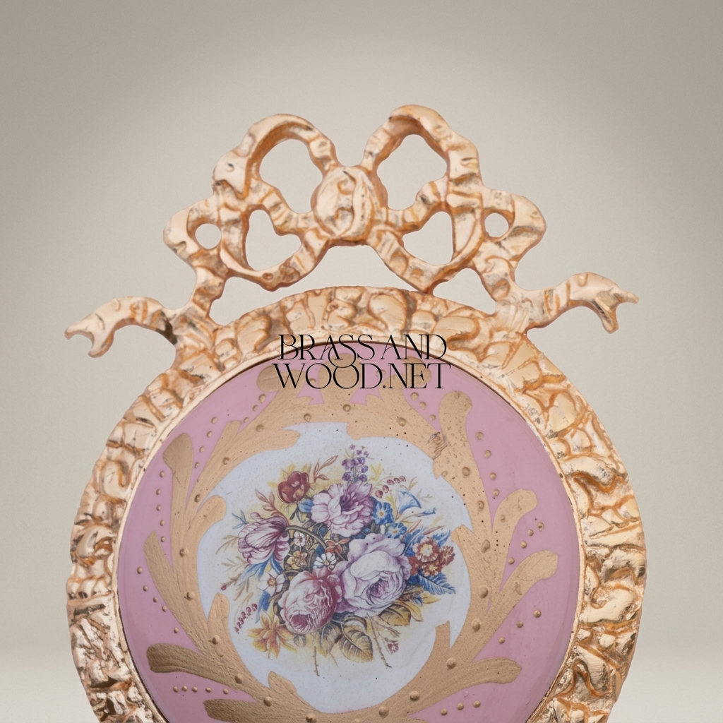 Rococo Brass & Ceramic Wall Medallion with Ribbon Crest and Floral Porcelain Insert