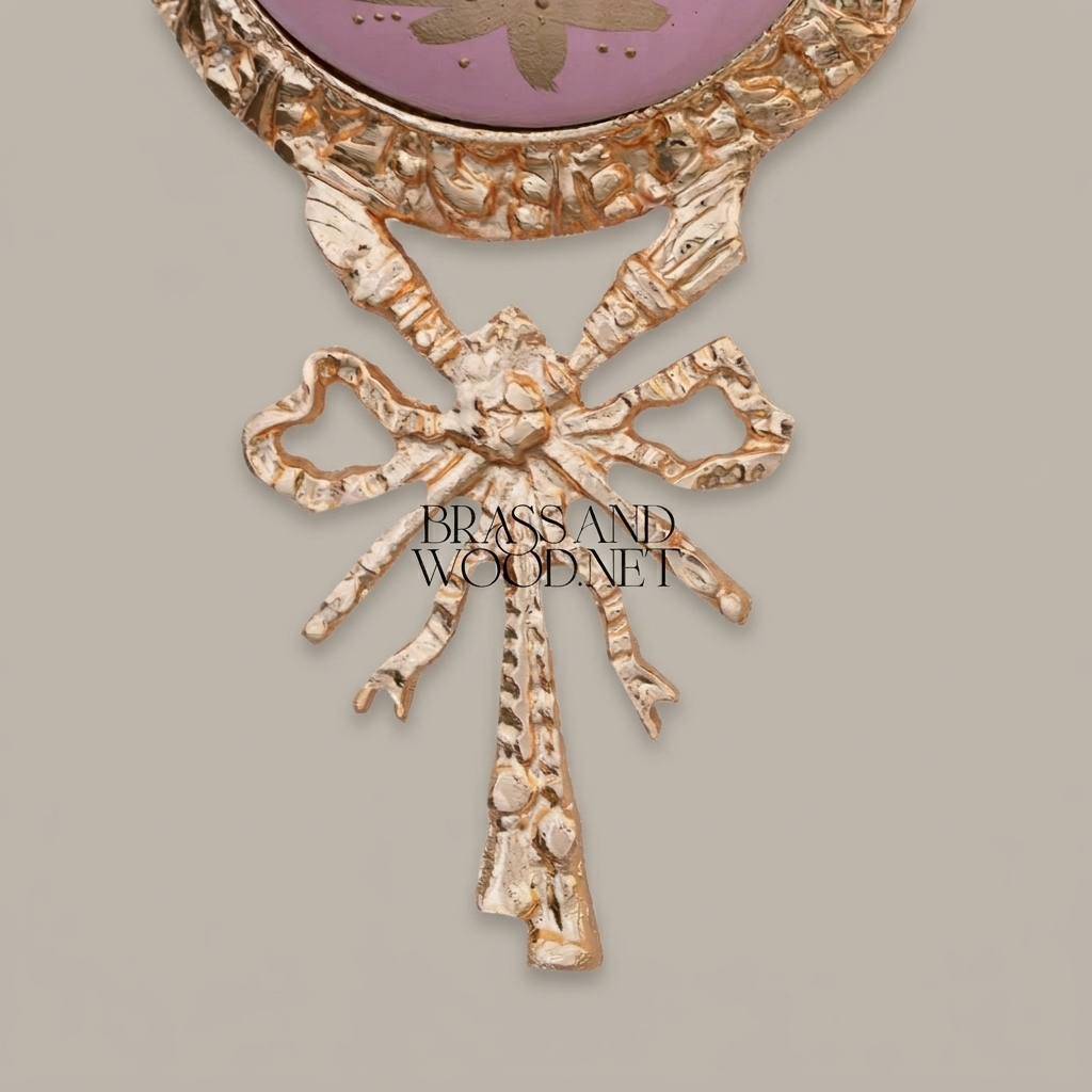 Rococo Brass & Ceramic Wall Medallion with Ribbon Crest and Floral Porcelain Insert