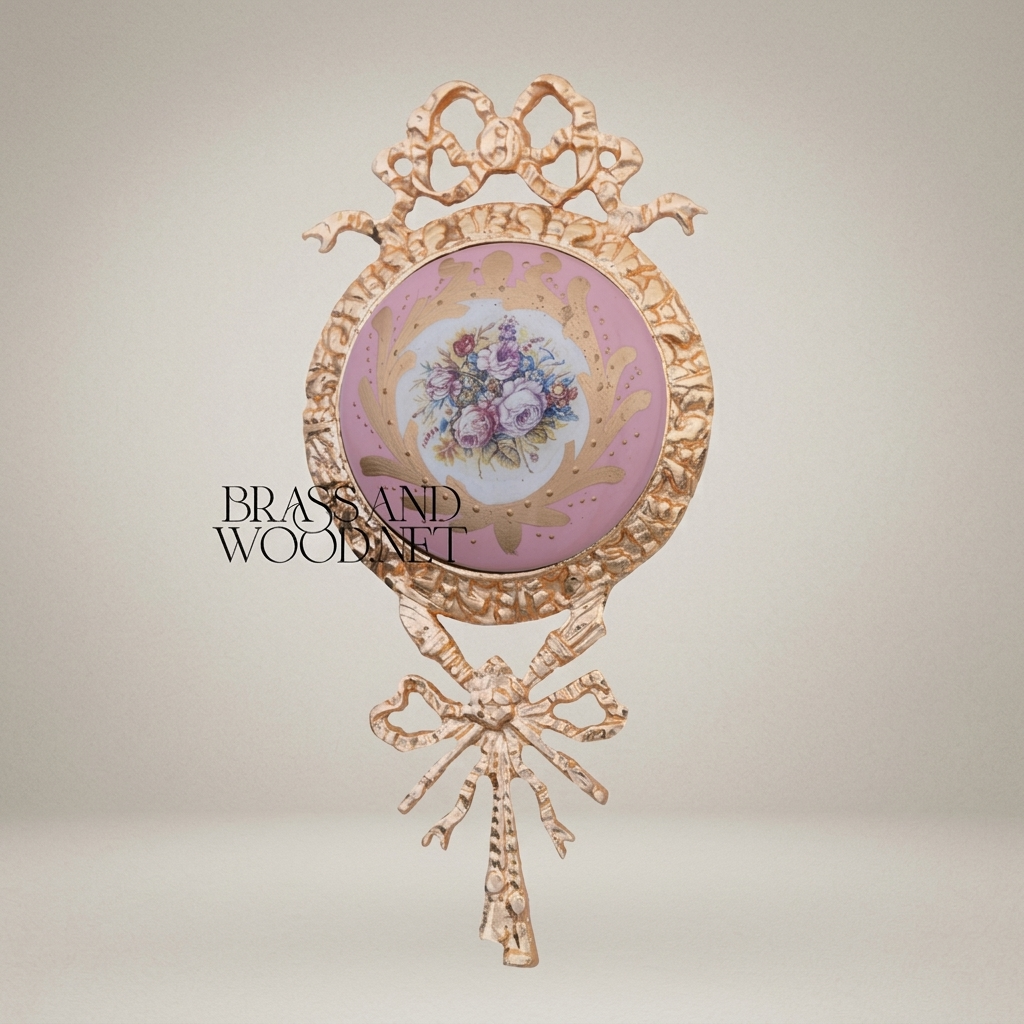 Rococo Brass & Ceramic Wall Medallion with Ribbon Crest and Floral Porcelain Insert