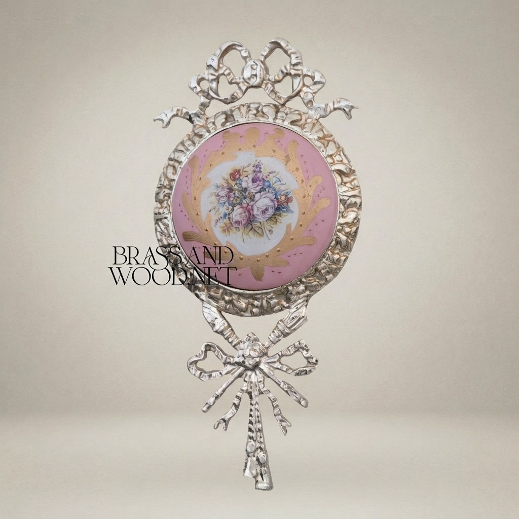 Rococo Brass & Ceramic Wall Medallion with Ribbon Crest and Floral Porcelain Insert — Silver