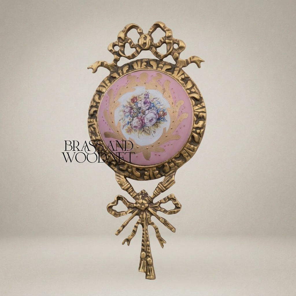 Rococo Brass & Ceramic Wall Medallion with Ribbon Crest and Floral Porcelain Insert — Antique Gold