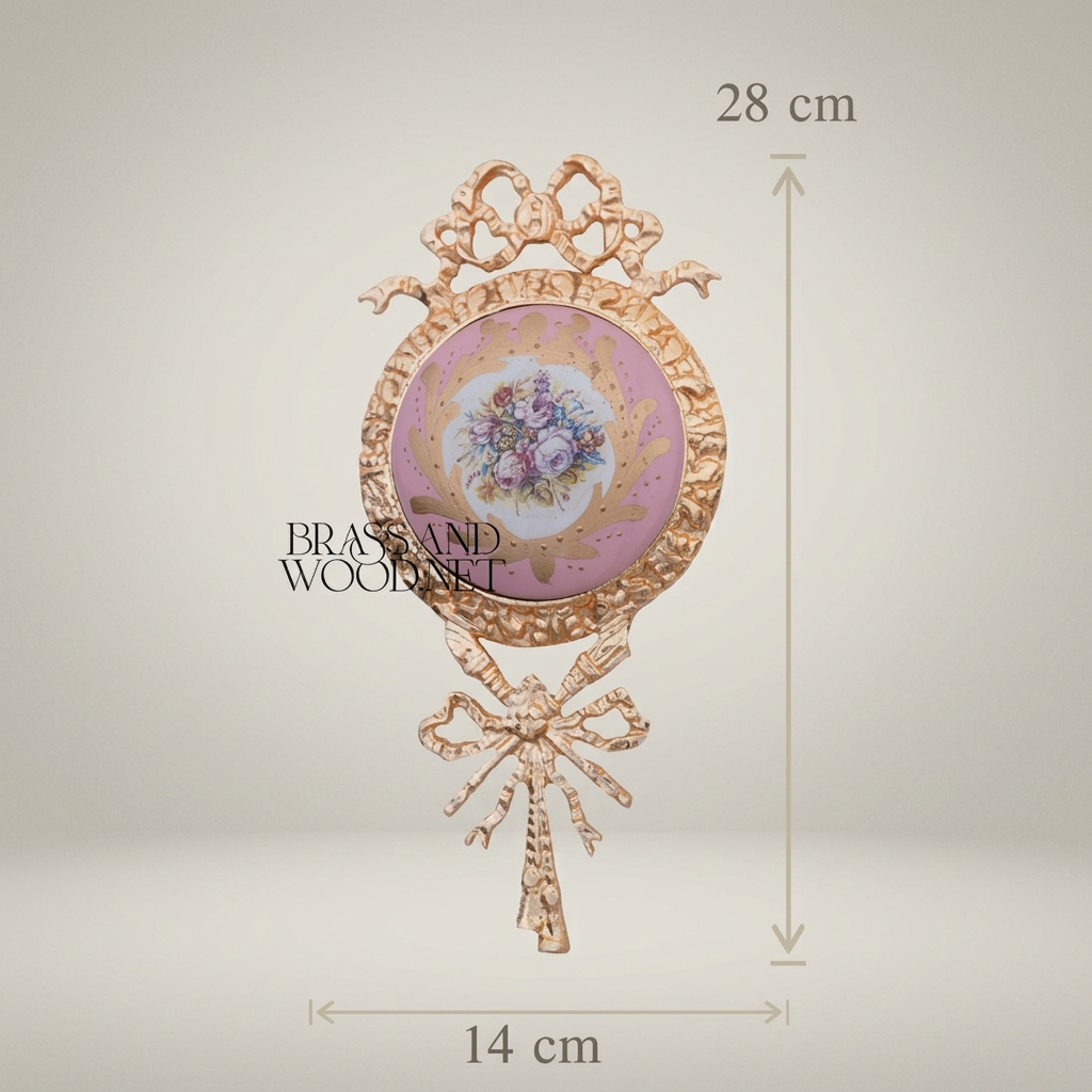 Rococo Brass & Ceramic Wall Medallion with Ribbon Crest and Floral Porcelain Insert — Gold