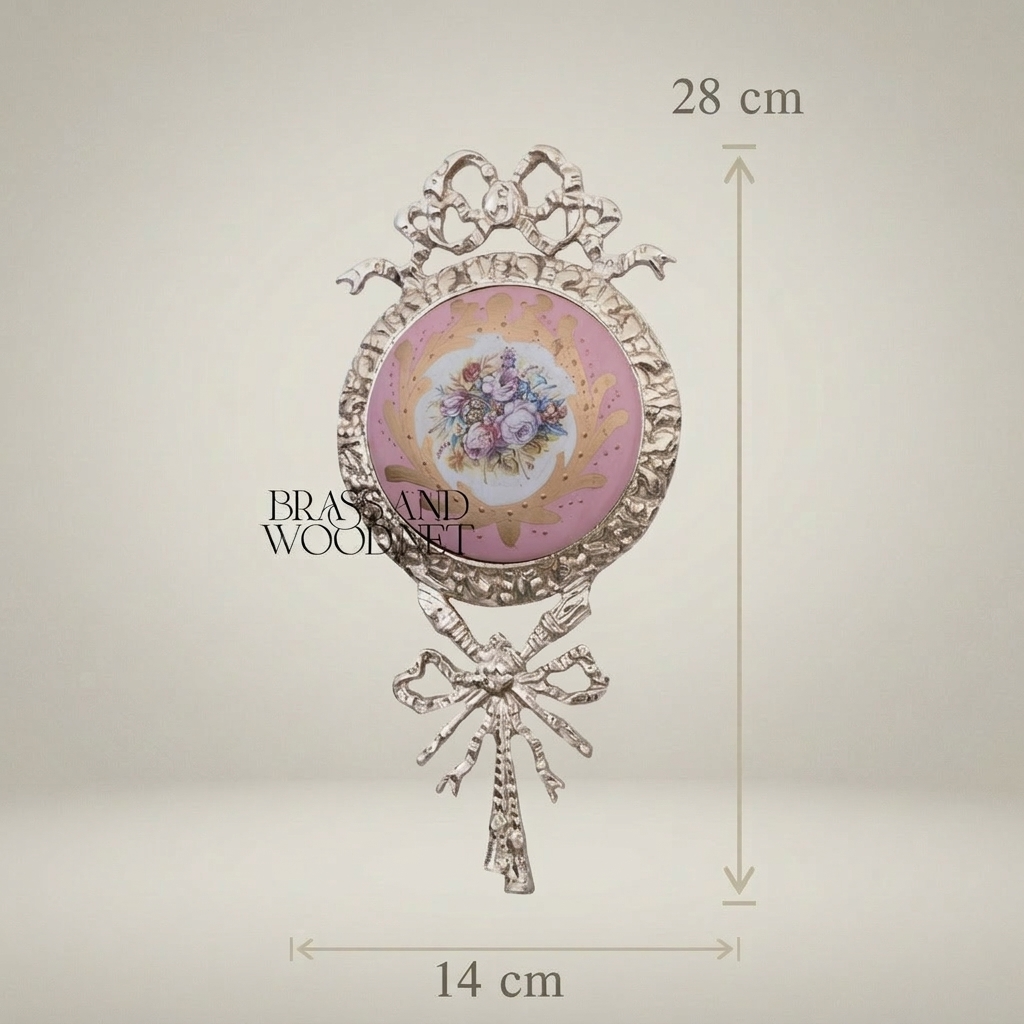 Rococo Brass & Ceramic Wall Medallion with Ribbon Crest and Floral Porcelain Insert — Silver