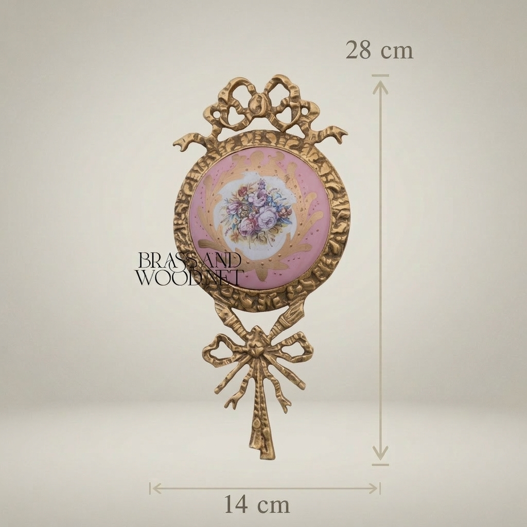 Rococo Brass & Ceramic Wall Medallion with Ribbon Crest and Floral Porcelain Insert — Antique Gold