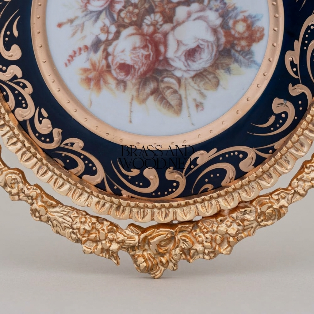 Rococo Brass & Ceramic Wall Plate with Cobalt Floral Medallion and Bow Crest