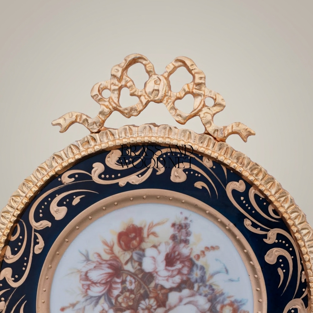 Rococo Brass & Ceramic Wall Plate with Cobalt Floral Medallion and Bow Crest