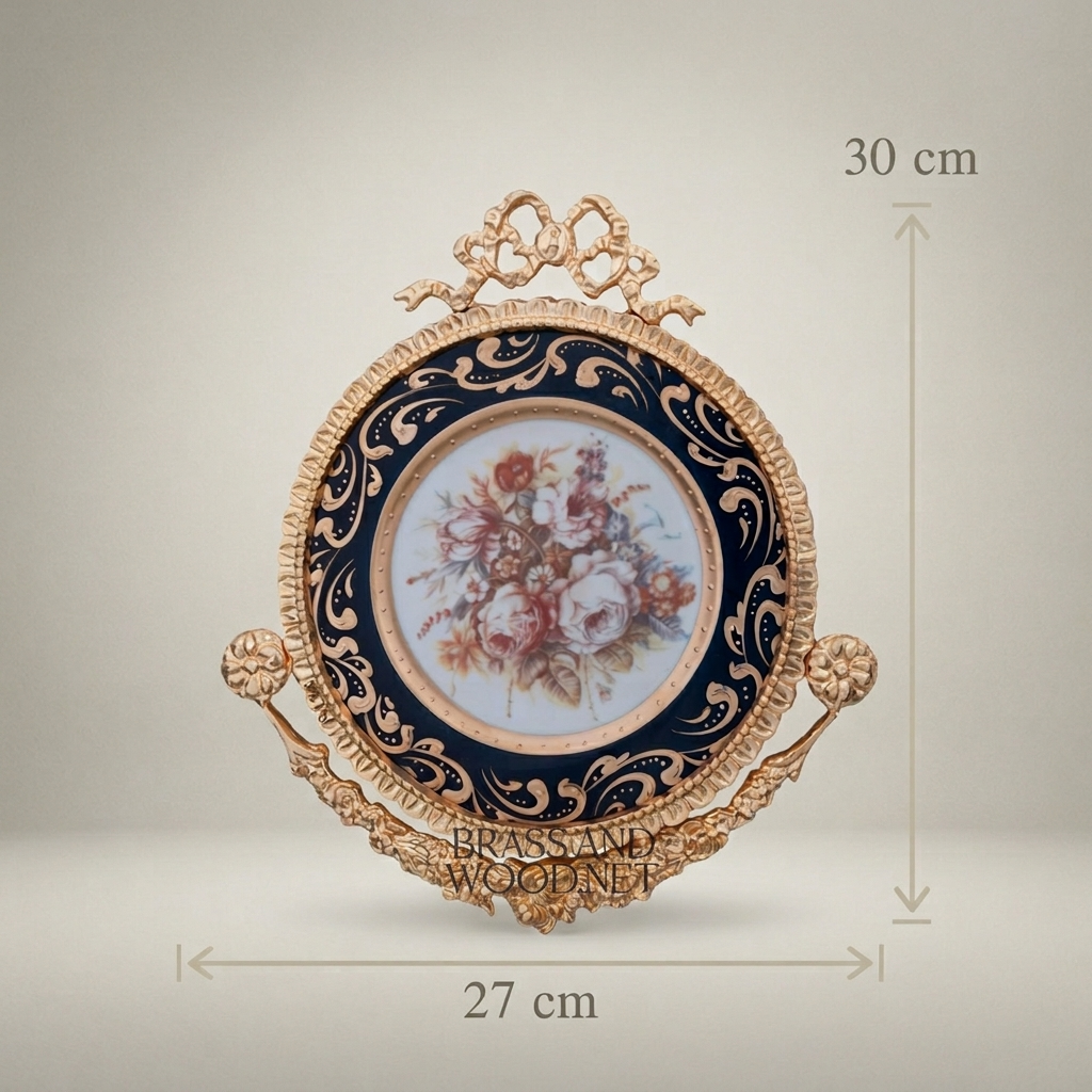 Rococo Brass & Ceramic Wall Plate with Cobalt Floral Medallion and Bow Crest — Gold