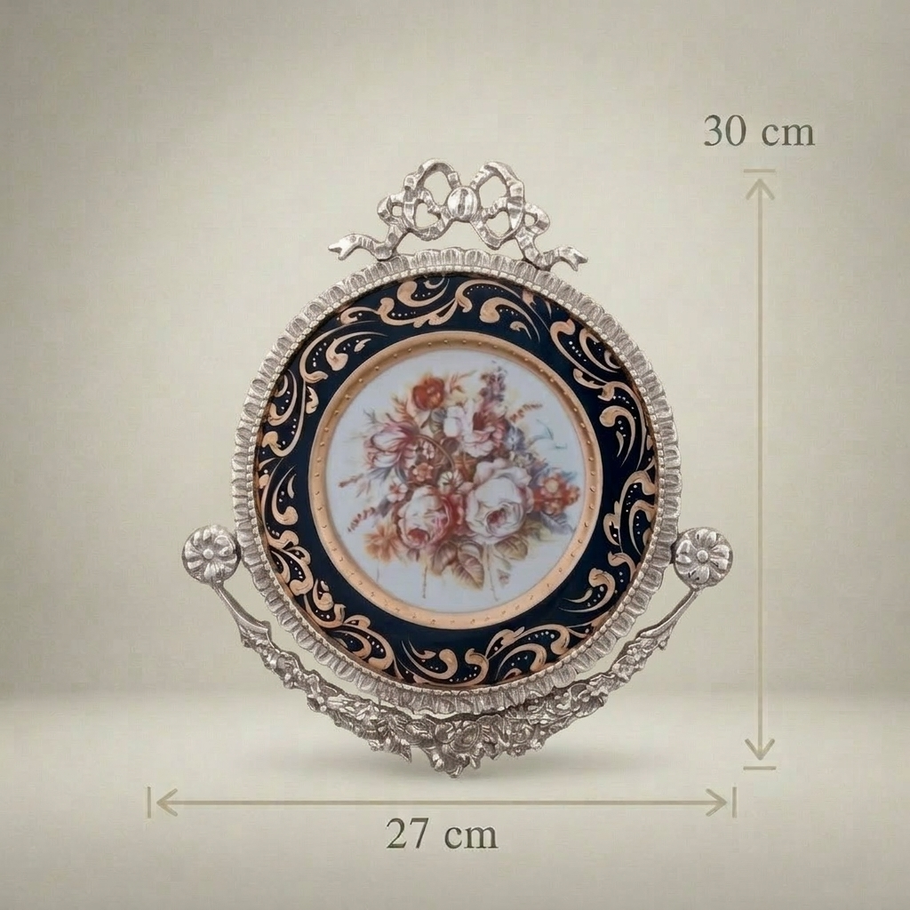 Rococo Brass & Ceramic Wall Plate with Cobalt Floral Medallion and Bow Crest — Silver