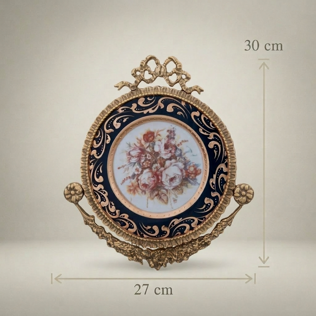 Rococo Brass & Ceramic Wall Plate with Cobalt Floral Medallion and Bow Crest — Antique Gold