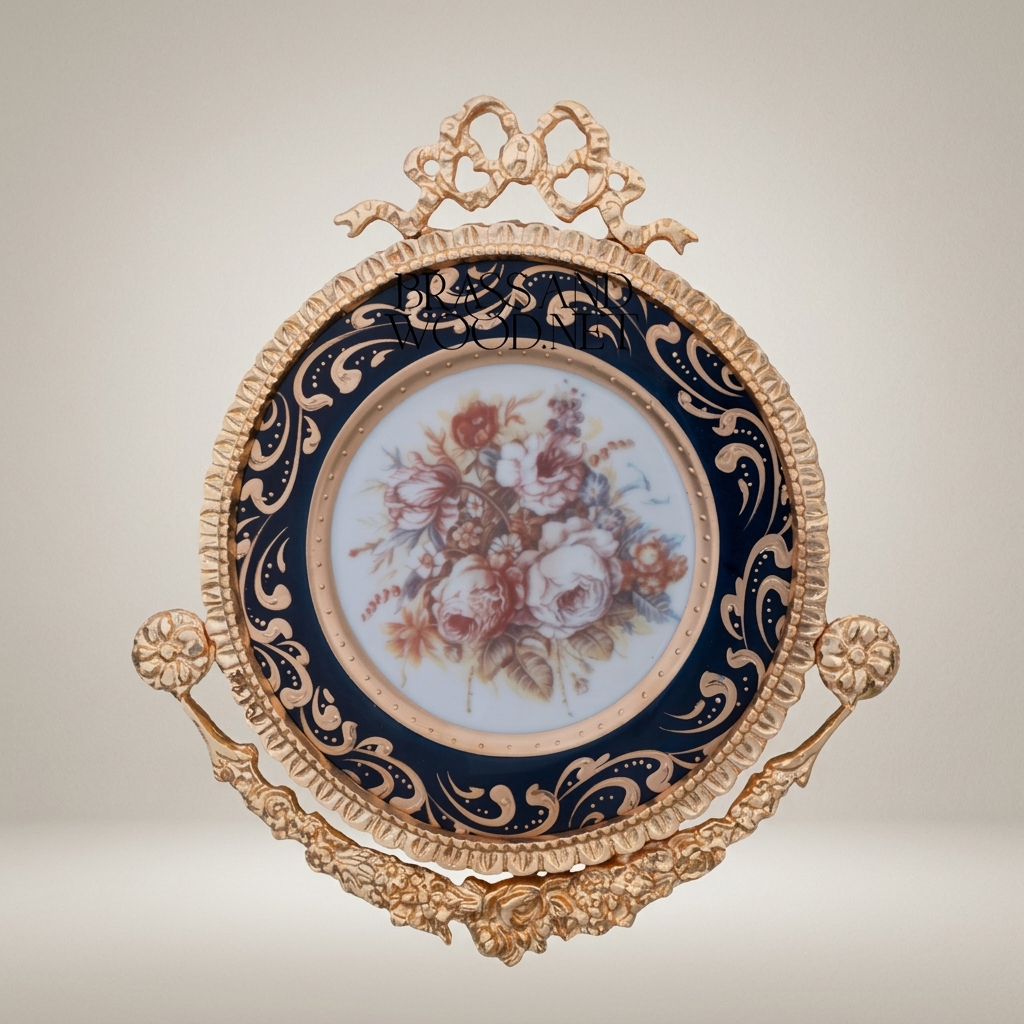 Rococo Brass & Ceramic Wall Plate with Cobalt Floral Medallion and Bow Crest