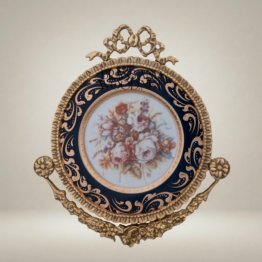 Rococo Brass & Ceramic Wall Plate with Cobalt Floral Medallion and Bow Crest — Antique Gold