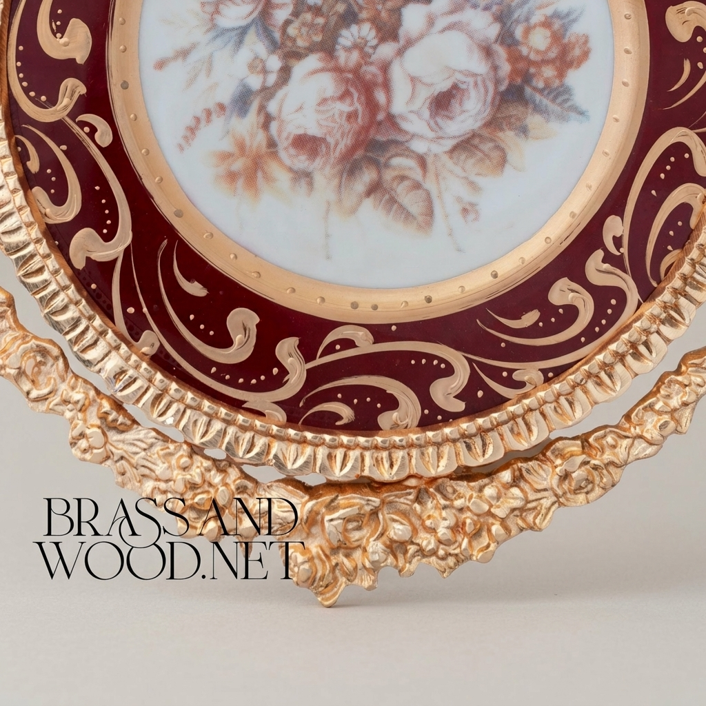 Rococo Brass & Ceramic Wall Plate - Crimson Floral Bouquet with Gilt Acanthus Frame — Gold