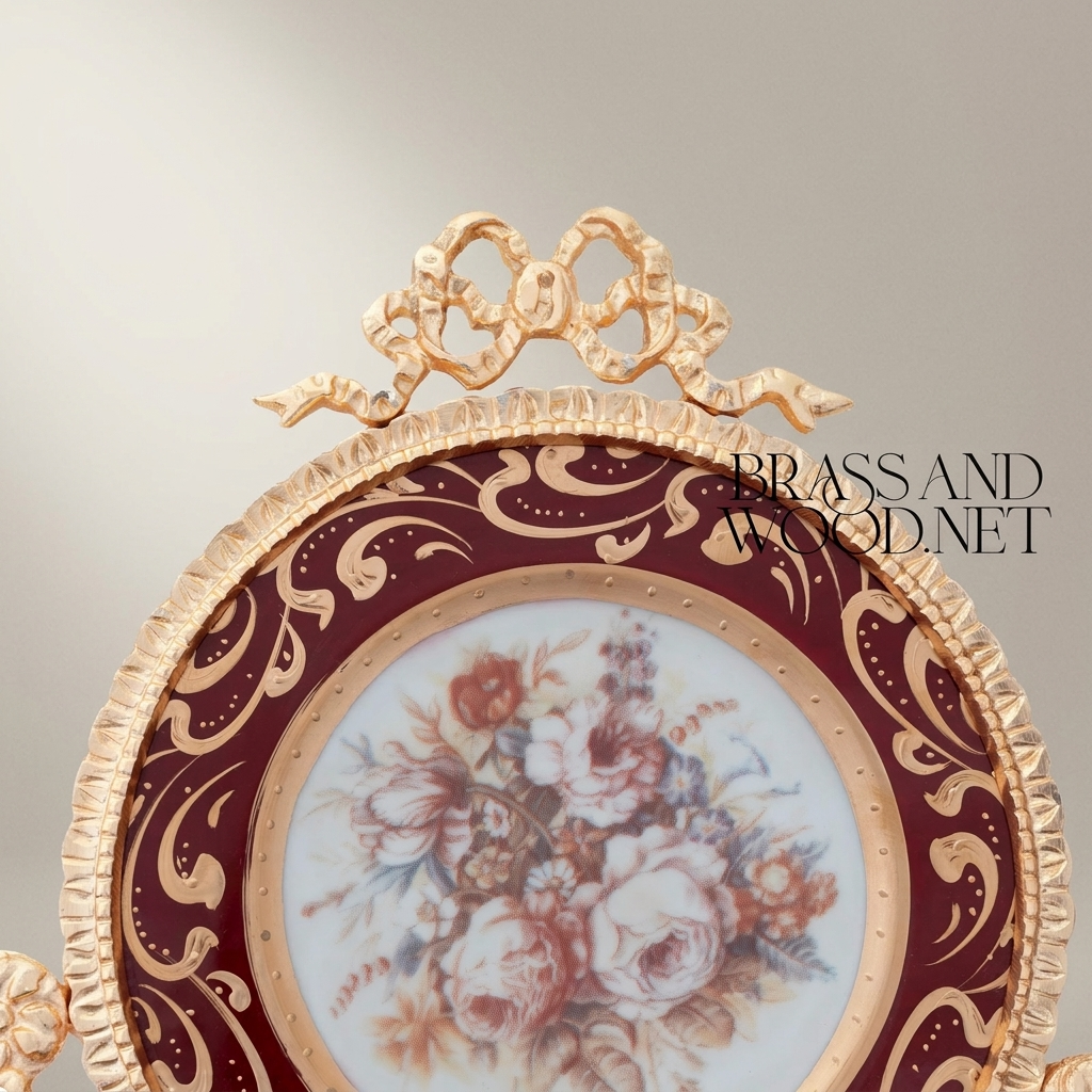 Rococo Brass & Ceramic Wall Plate - Crimson Floral Bouquet with Gilt Acanthus Frame — Gold