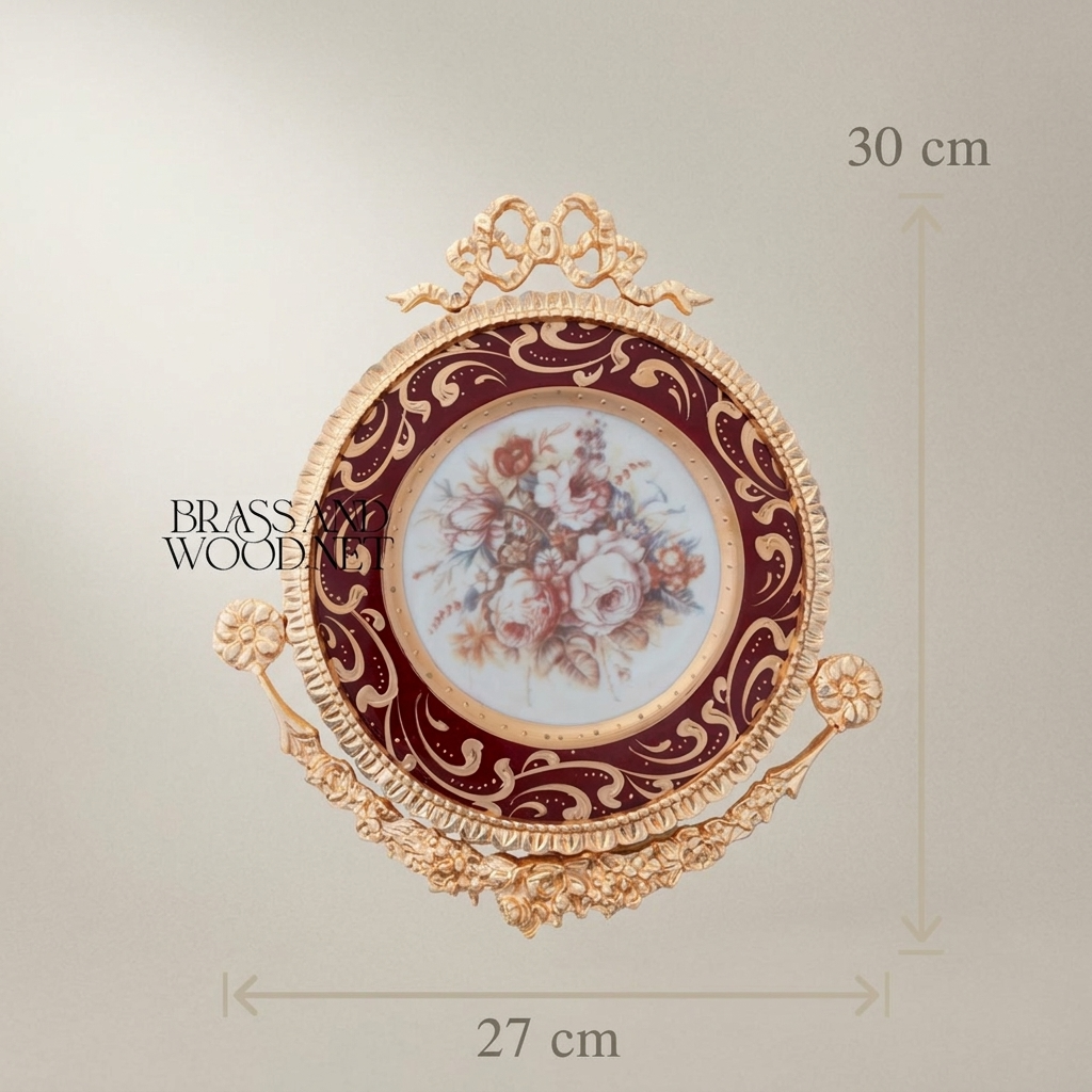 Rococo Brass & Ceramic Wall Plate - Crimson Floral Bouquet with Gilt Acanthus Frame — Gold