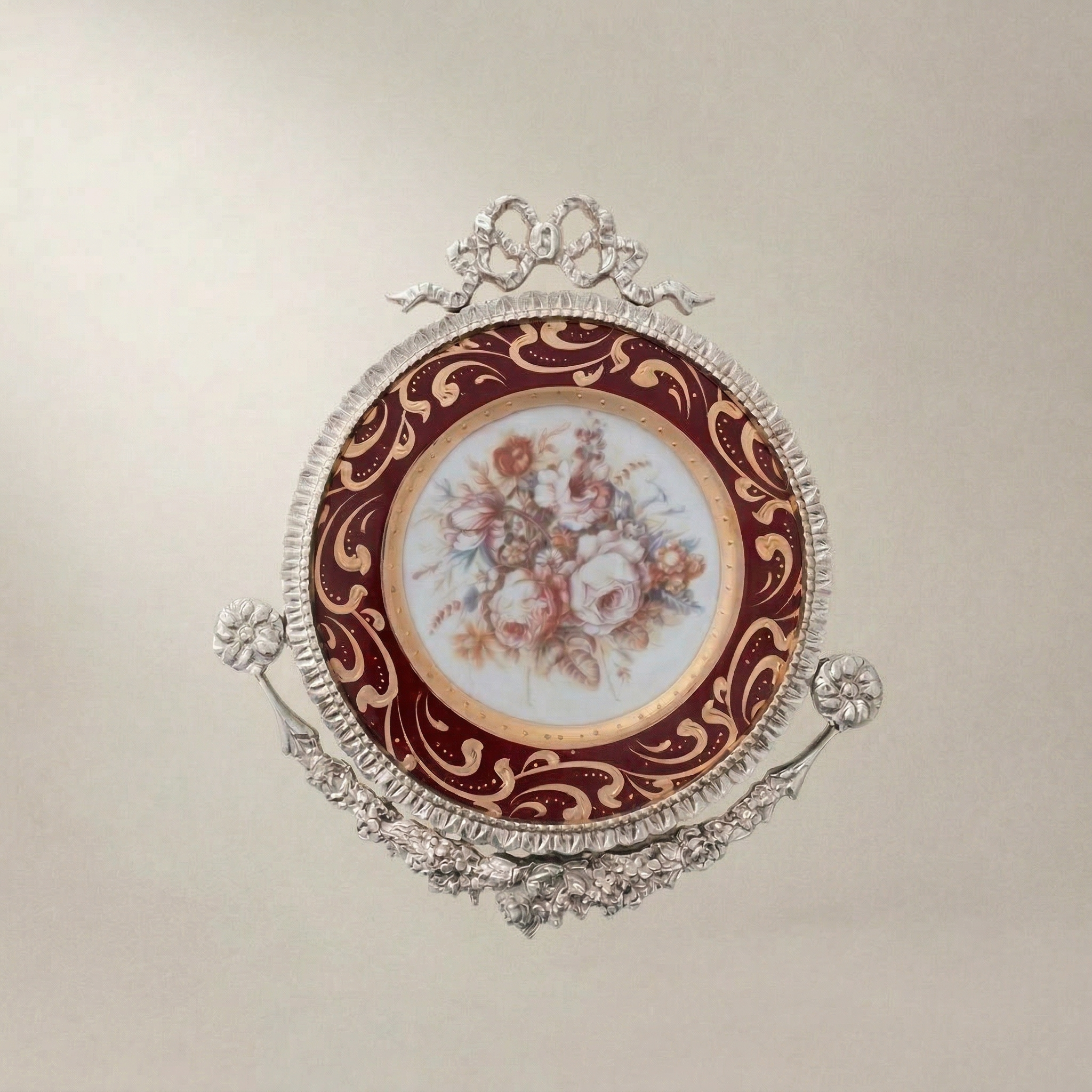 Rococo Brass & Ceramic Wall Plate - Crimson Floral Bouquet with Gilt Acanthus Frame — Silver