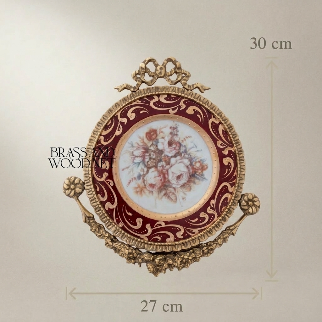 Rococo Brass & Ceramic Wall Plate - Crimson Floral Bouquet with Gilt Acanthus Frame — Antique Gold