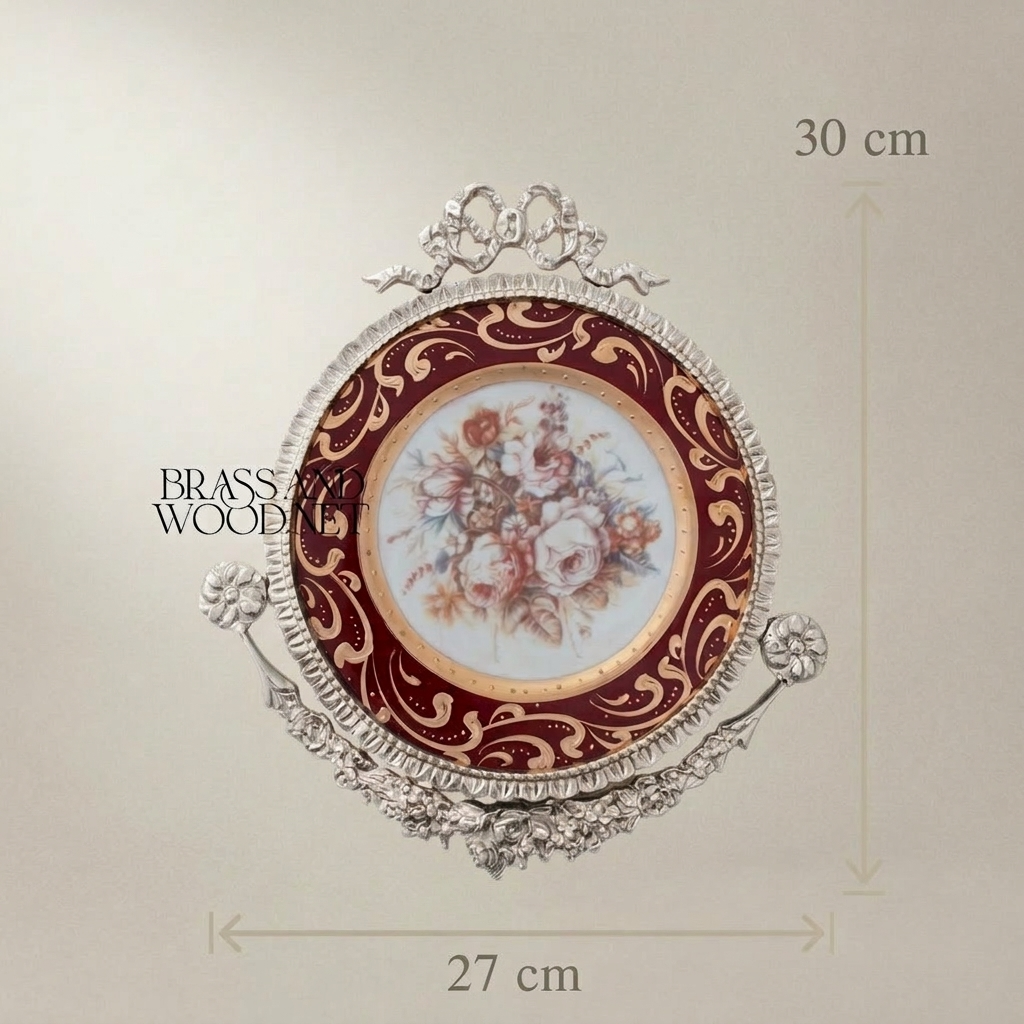 Rococo Brass & Ceramic Wall Plate - Crimson Floral Bouquet with Gilt Acanthus Frame — Silver
