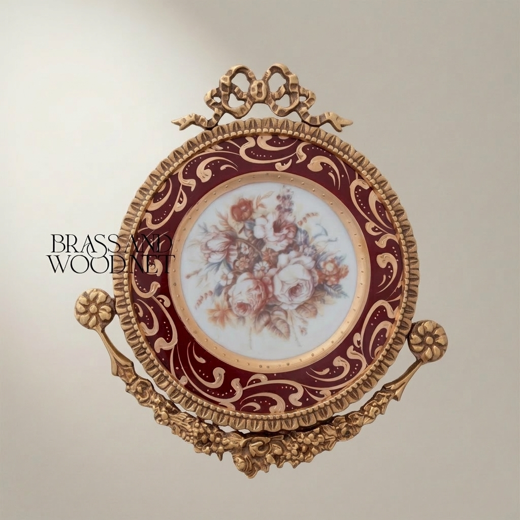 Rococo Brass & Ceramic Wall Plate - Crimson Floral Bouquet with Gilt Acanthus Frame — Antique Gold