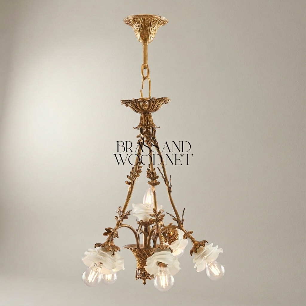 Rococo Brass Chandelier Five-Light Floral Frosted Glass Shades — Antique Gold