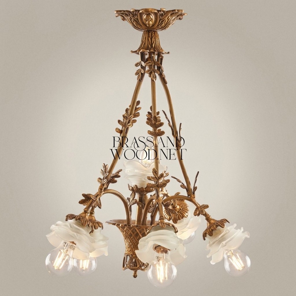 Rococo Brass Chandelier Five-Light Floral Frosted Glass Shades — Antique Gold