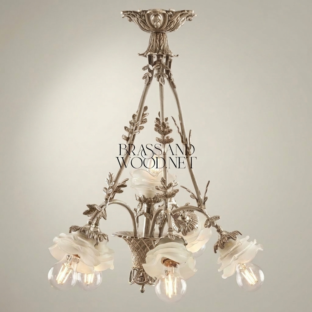 Rococo Brass Chandelier Five-Light Floral Frosted Glass Shades — Silver