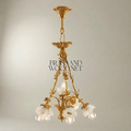 Rococo Brass Chandelier Five-Light Floral Frosted Glass Shades — Gold
