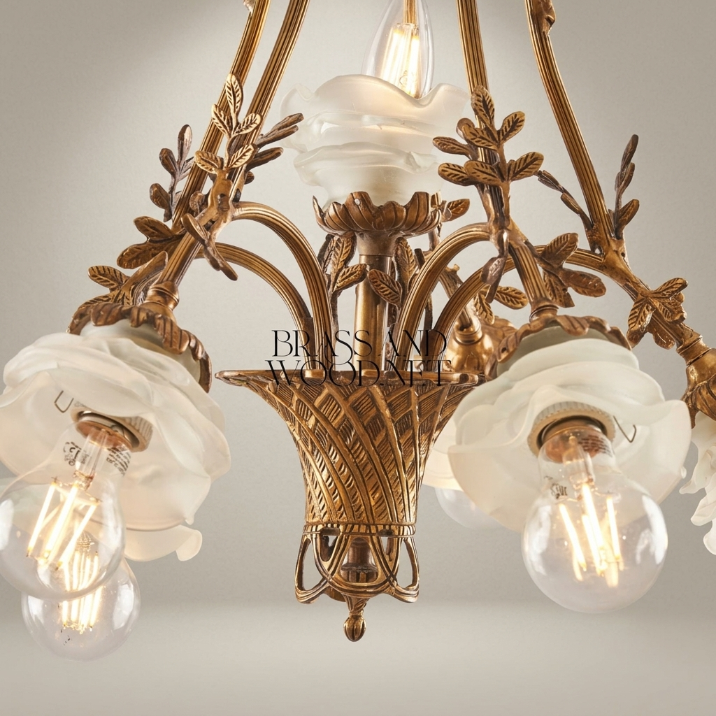 Rococo Brass Chandelier Five-Light Floral Frosted Glass Shades — Antique Gold
