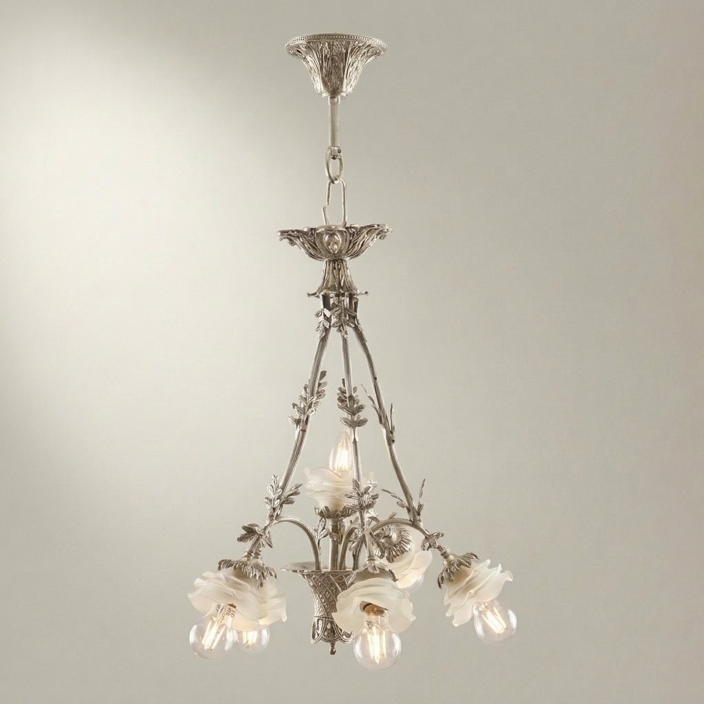 Rococo Brass Chandelier Five-Light Floral Frosted Glass Shades — Silver