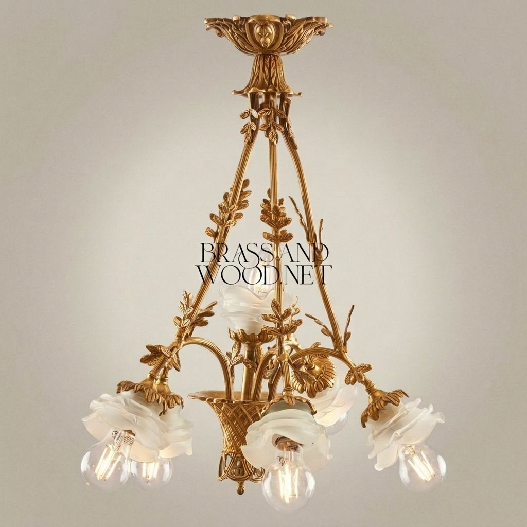 Rococo Brass Chandelier Five-Light Floral Frosted Glass Shades