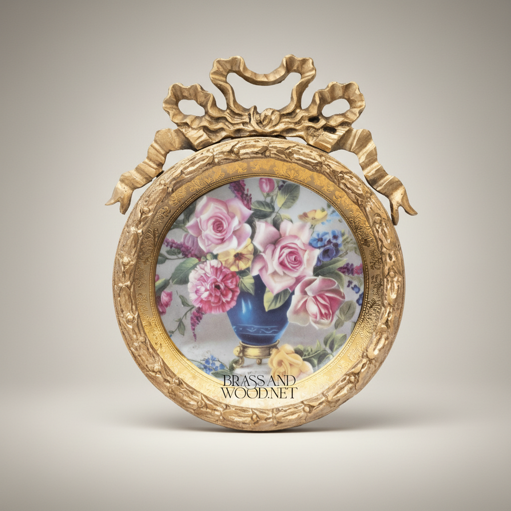 Rococo Brass Circular Hanging Plate with Ribbon Bow Crown & Floral Motif