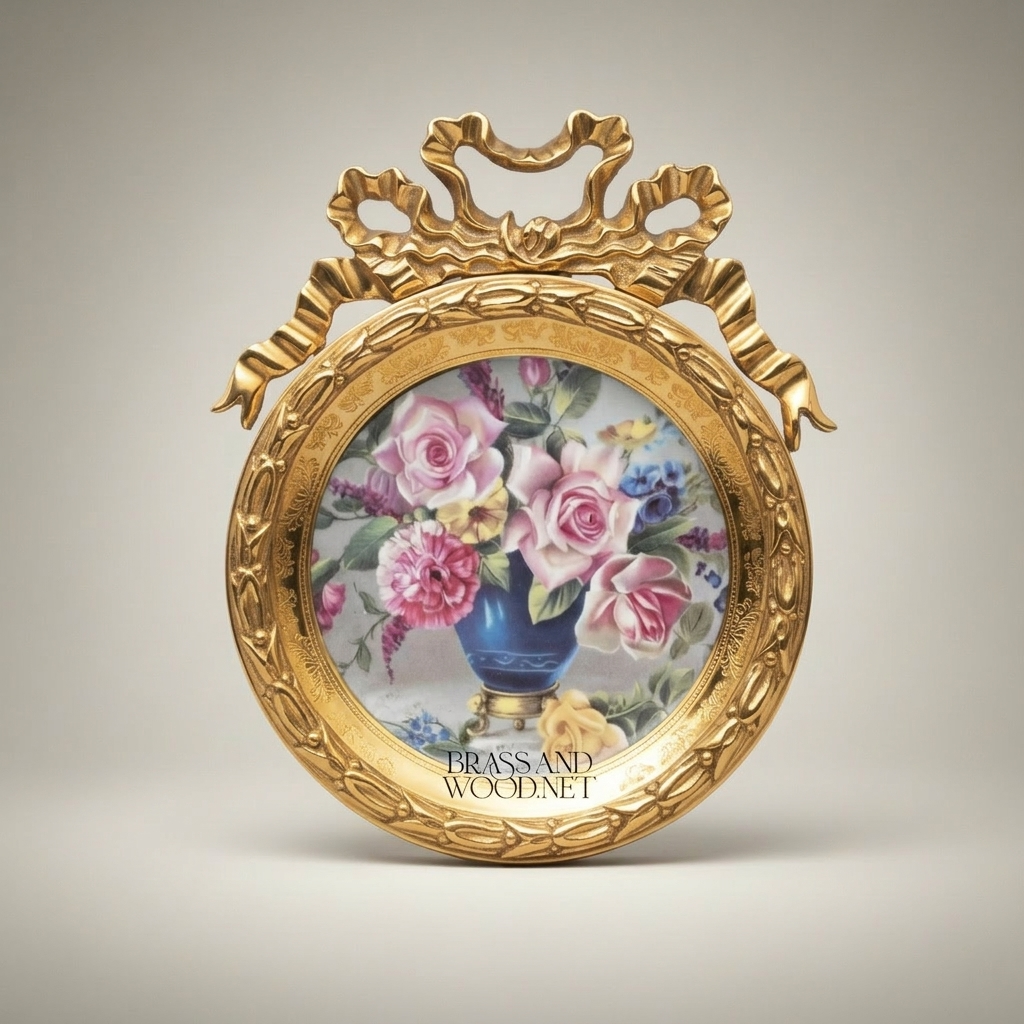 Rococo Brass Circular Hanging Plate with Ribbon Bow Crown & Floral Motif — Gold