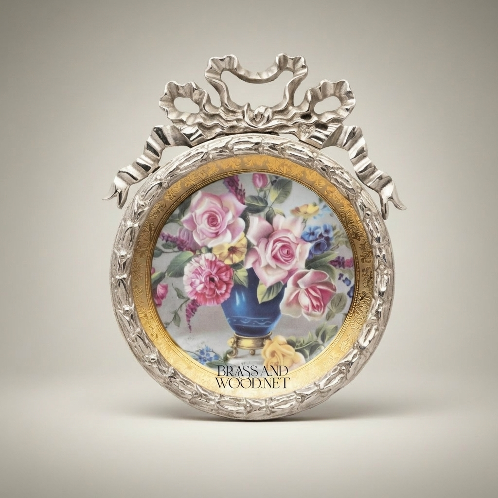 Rococo Brass Circular Hanging Plate with Ribbon Bow Crown & Floral Motif — Silver