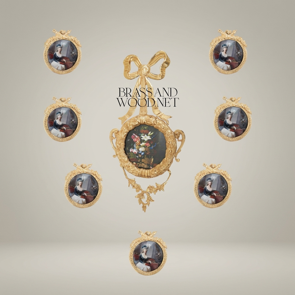 Rococo Brass Circular Wall Frame with Ribbon Bow & Acanthus Wreath — Gold