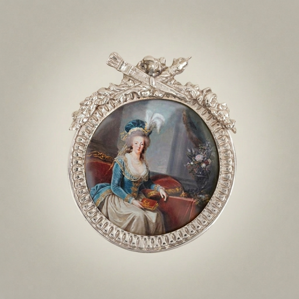 Rococo Brass Circular Wall Frame with Ribbon Bow & Acanthus Wreath — Silver