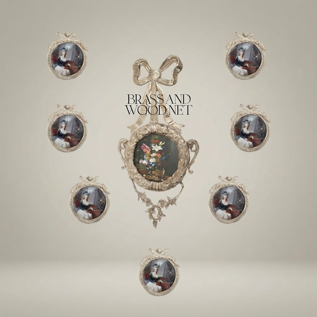Rococo Brass Circular Wall Frame with Ribbon Bow & Acanthus Wreath — Silver