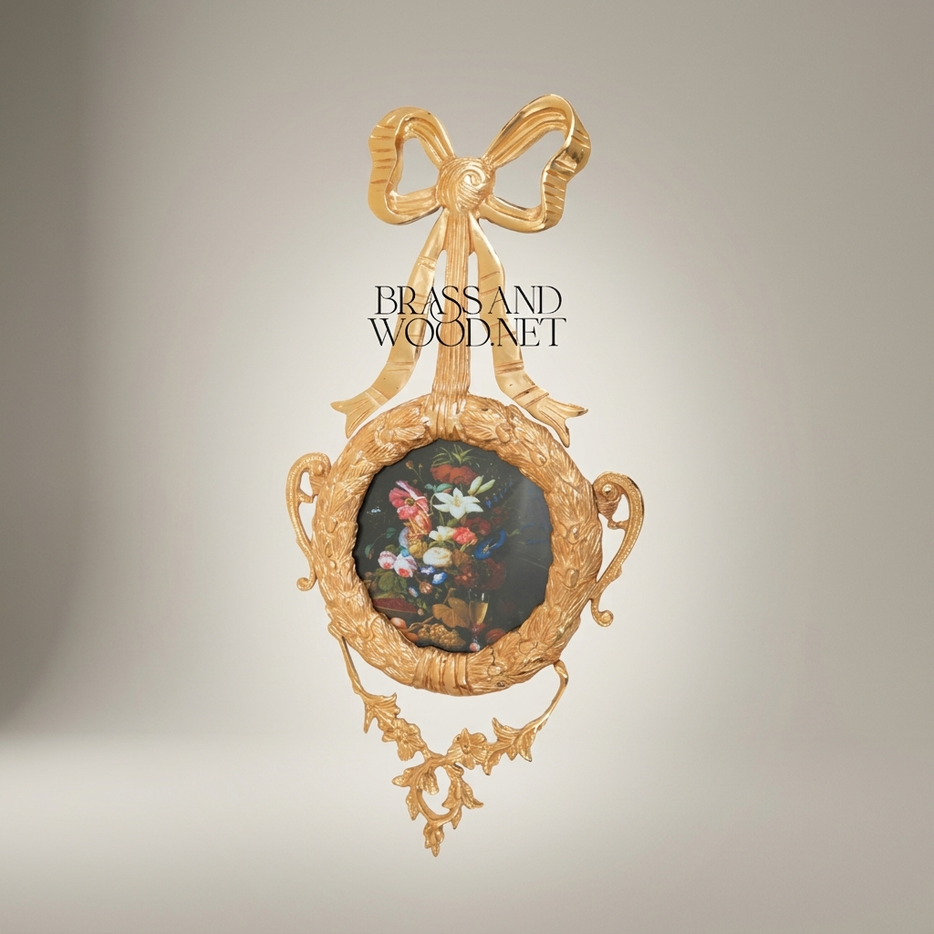 Rococo Brass Circular Wall Frame with Ribbon Bow & Acanthus Wreath — Gold