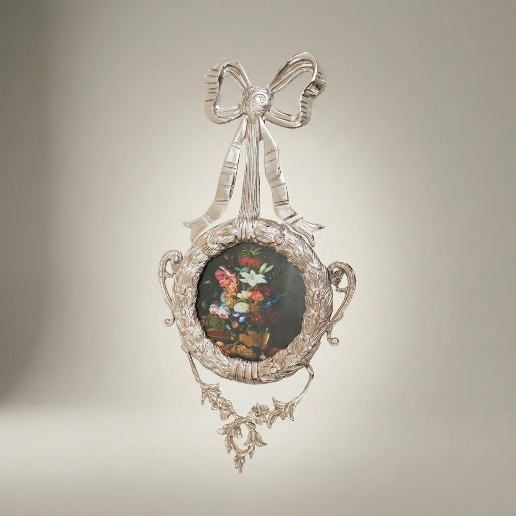 Rococo Brass Circular Wall Frame with Ribbon Bow & Acanthus Wreath — Silver
